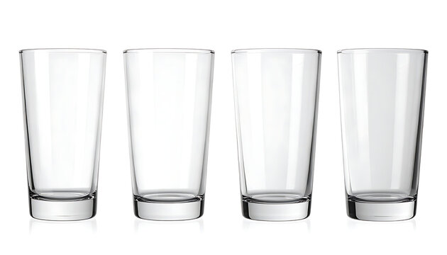 Set of four empty clear drinking glasses, isolated on a white background, clean beverage containers
