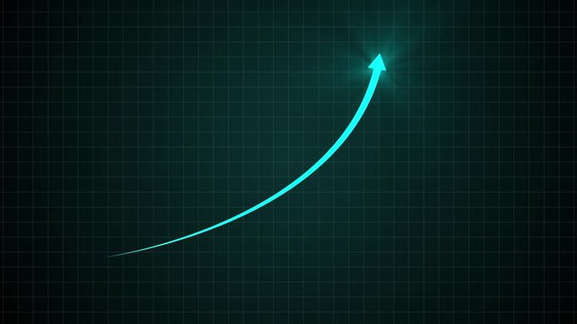 Green glowing arrow drawing upward trend animation on dark grid background.