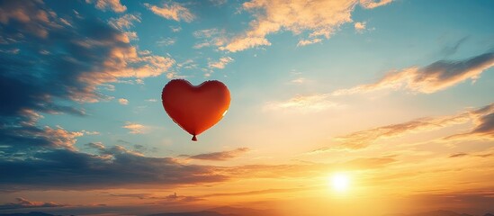 Fototapeta premium A heart-shaped balloon flies high in the sky at sunset.
