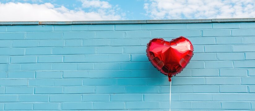 A red heart-shaped balloon tied to a string floats against a blue brick wall under a cloudy sky.