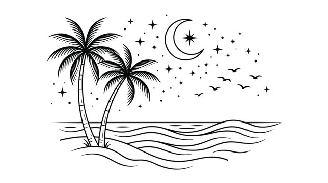 Minimalist tropical beach landscape vector, black line art palm trees with crescent moon and stars, serene ocean waves and night sky illustration
