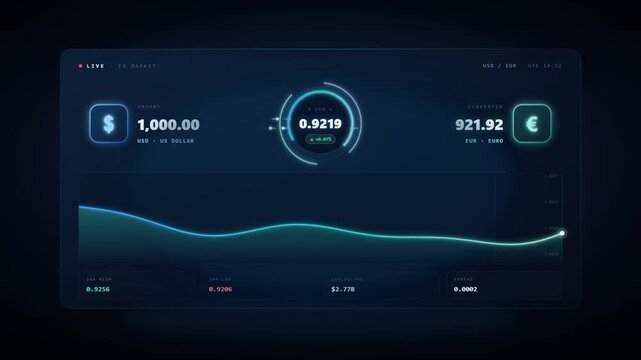 Live foreign exchange market dashboard interface converting dollar to euro