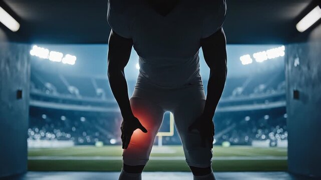 Silhouetted football player with a knee injury in a stadium tunnel, highlighting athletic pain and struggle.