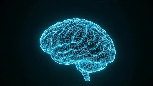 Glowing blue digital wireframe of a human brain rotating in a dark virtual environment.