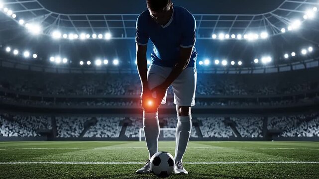 A male soccer player in a brightly lit stadium at night, clutching his knee in pain with a soccer ball at his feet, indicating a sports injury.