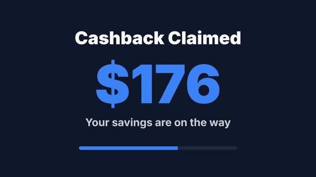 Dynamic cashback animation with increasing dollar amounts and progress bar, symbolizing financial growth, savings, and successful transactions, for online shopping and rewards programs.