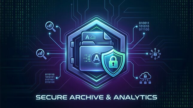 Secure archive and analytics with a shield and folder icon on a blue circuit board background with glowing lines and binary code symbols surrounding it