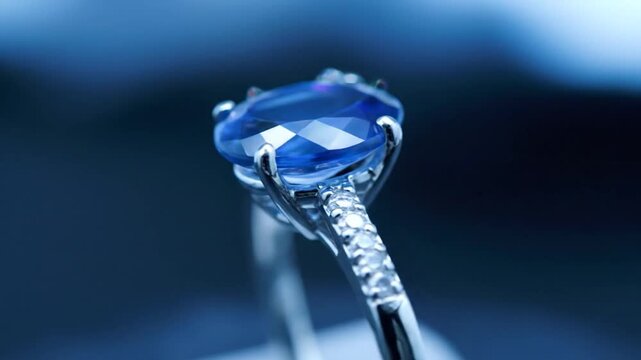 Close-up of a stunning sapphire engagement ring with diamond accents on a dark blue background.