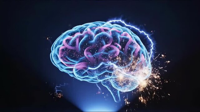 A digital glowing human brain with neural activity and electrical sparks on a dark background.