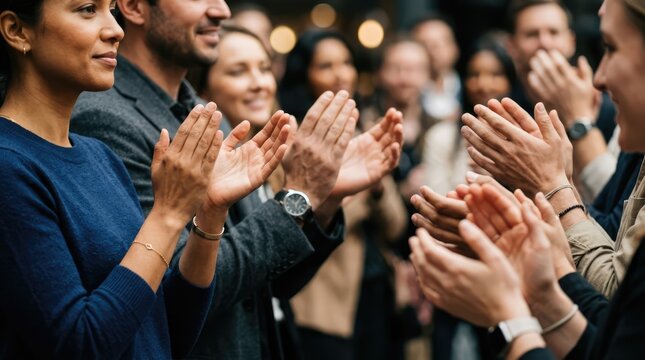 A diverse group of people clapping and smiling in appreciation. They are dressed in business attire, suggesting a formal event or meeting.