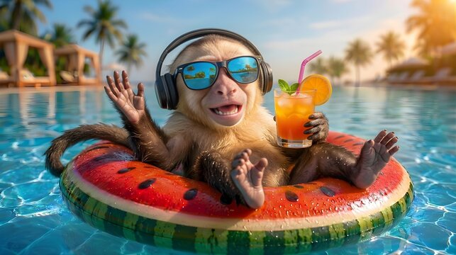 Cute Monkey Relaxing on Watermelon Pool Float Wearing Sunglasses and Headphones Holding Tropical Cocktail, Summer Pool Party
