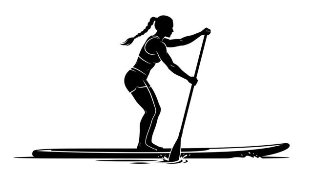 Stand up paddle board vector illustration. Female athlete silhouette paddling on water isolated on white background. Active woman on SUP board icon.