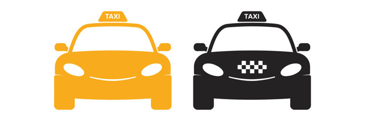 Taxi Service Icons Featuring Taxi Car, Taxicab, Ride Booking, Pickup, Transportation, and Urban Mobility Vector Symbols ©  