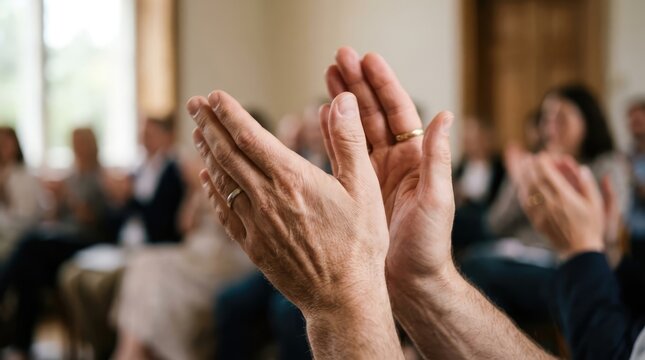 A group of people enthusiastically clapping their hands, showing appreciation and applause at an event. The focus is on the hands in the foreground, with the audience blurred in the background
