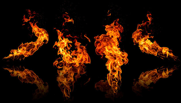 set of isolated realistic fire flames with reflections on black background, energy and heat concept