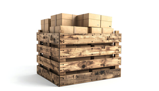 Stack of cardboard boxes on a weathered wooden pallet, ready for shipping and logistics