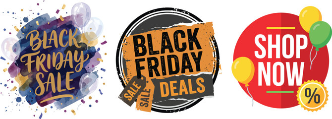 Black Friday deals promotional badge set with colorful party balloons and confetti © Hafsa