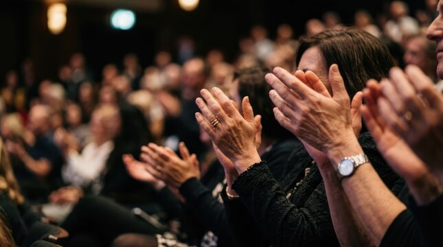 Audience clapping and applauding in a theatre or concert hall, with the spotlight shining on the performers