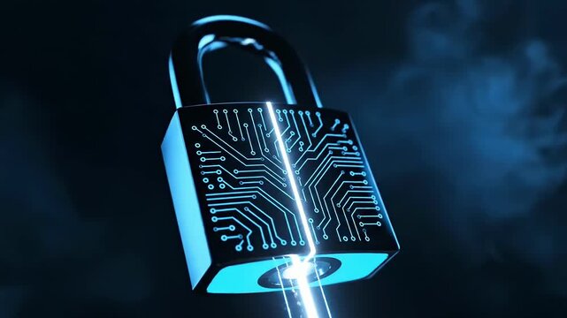 A digital security padlock with glowing blue circuit board patterns on a dark background with smoke effects.