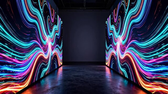 Colorful light wave patterns in a corridor
