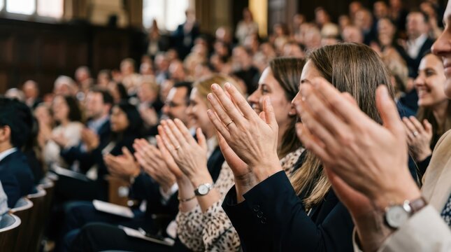 Audience applauding in a grand hall, capturing a moment of shared appreciation and success