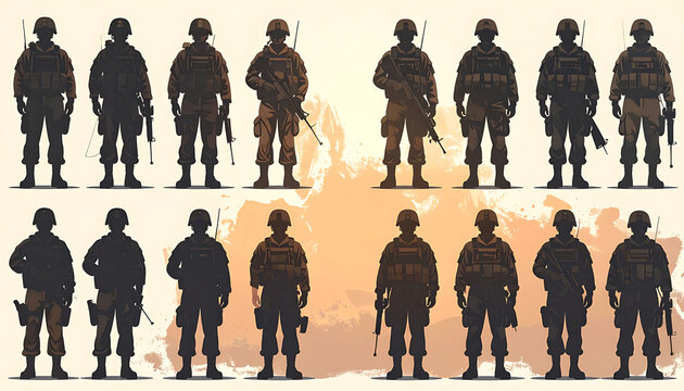 Set of pixel art soldiers in camouflage uniforms, holding rifles, standing in different poses, against a textured brush stroke background