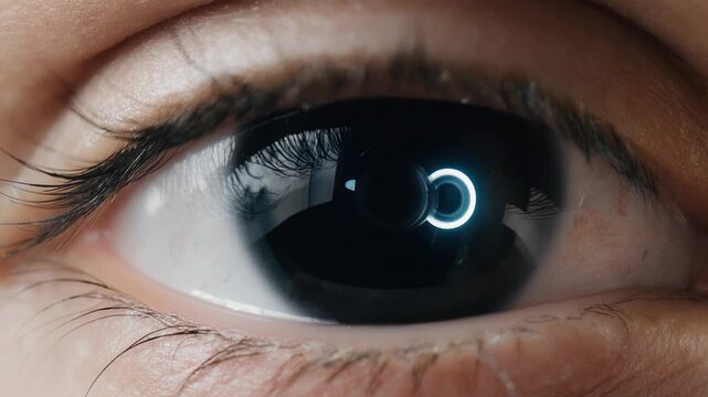 Close-up of human eye with reflective surface showing light source, eyelashes framing the iris, and gradual focus shift revealing intricate details of the eye structure