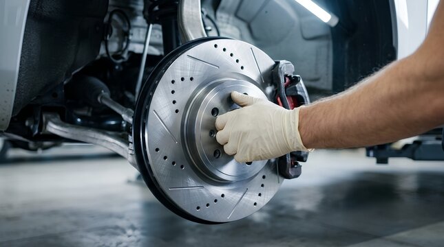 Brake Disc Repair Service by Mechanic During Car Maintenance Inspection