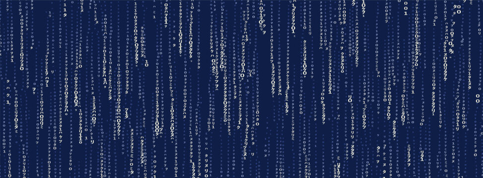 Binary Data Rain, Matrix Digital Rain, Data Cyber Rain. Modern Digital Rain Background With Binary Code And Cyber Elements.