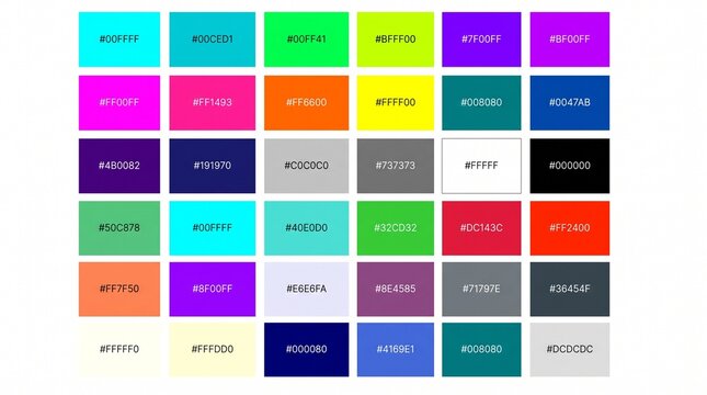 Comprehensive color palette chart with hexadecimal color codes for design