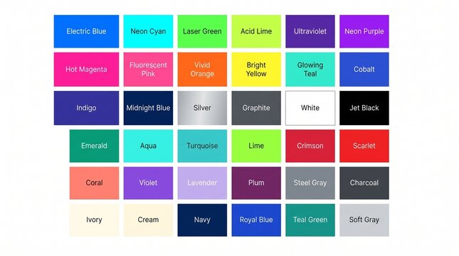 Extended color swatch palette grid with color names and variations, swatches