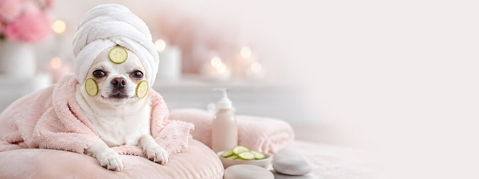 Chihuahua dog with towel on head and cucumber slices on face lying on spa bed. Puppy relaxing with skincare treatment. Animal wellness concept, funny grooming procedure and lifestyle.