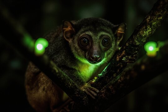 Aye-aye lemur perched on tree branch in dark jungle. Nocturnal primate with huge eyes glows green. Madagascar wildlife conservation. Rare wild creature.