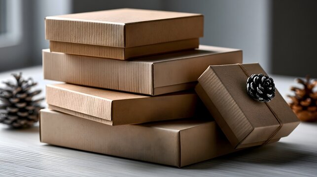 Gestapelte Kraftpapier Geschenkboxen f&uuml;r nachhaltige Verpackung und modernes Branding