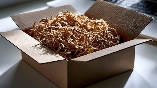 Offener Versandkarton mit Holzwolle als nachhaltiges F&uuml;llmaterial f&uuml;r sicheren Versand