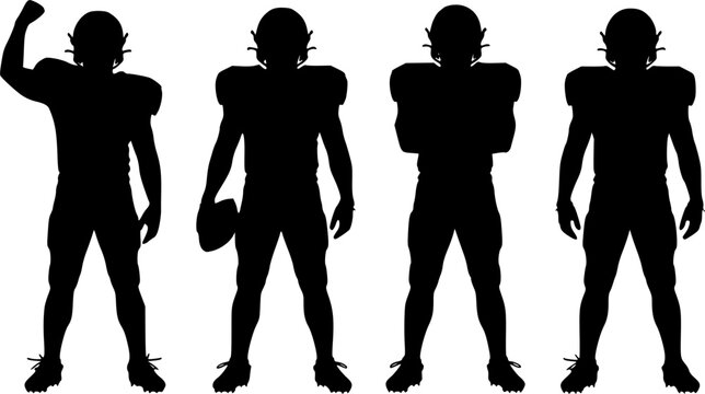 Collection of American football player silhouettes featuring athletes in full uniform gear and helmets holding ball and posing confidently isolated on white background.