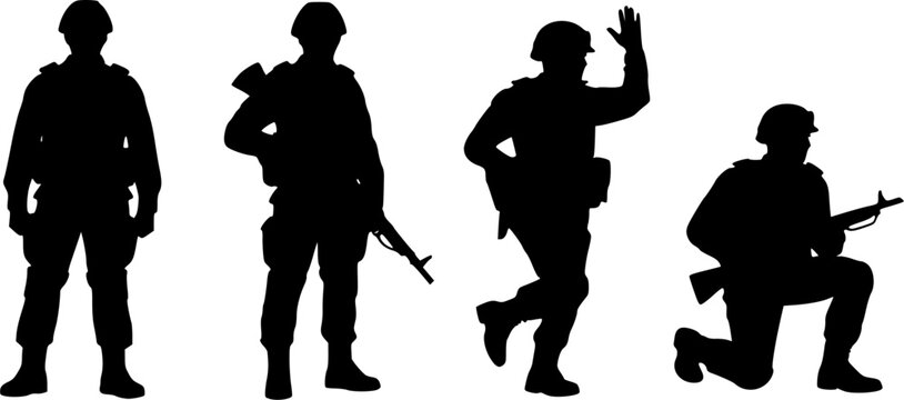 Collection of modern armed soldiers and military infantry silhouettes featuring tactical special forces operators standing kneeling and waving isolated on white background.