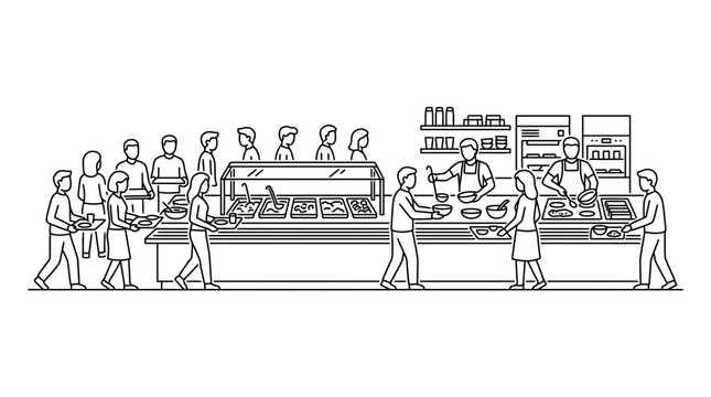 People in cafeteria line, choosing food from buffet, illustration
