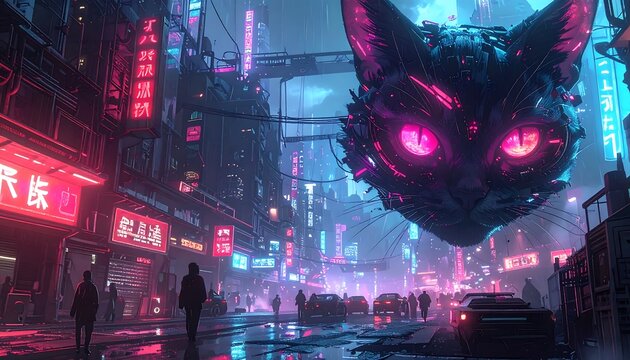A futuristic cityscape, vibrant neon lights illuminate towering buildings with a giant cat head hovering. People walk below