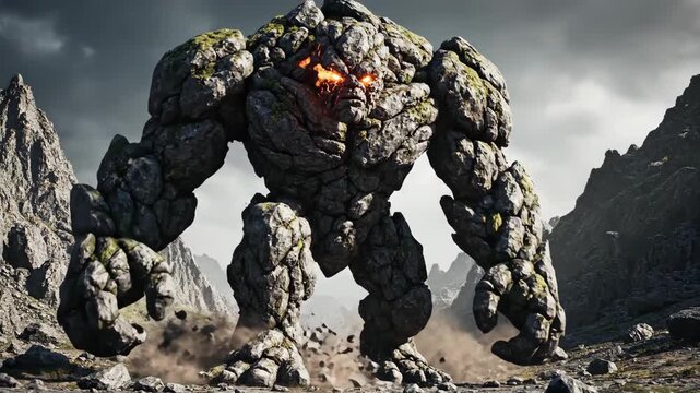 A formidable stone golem with mossy accents and glowing fiery eyes advances across a rugged, rocky wasteland. Dramatic, cloudy skies loom overhead, creating an epic fantasy scene.