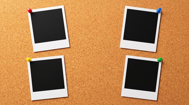 Four blank instant photos arranged on a brown corkboard background with corkboard template memories background aesthetic nostalgia photography arrangement documentation