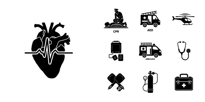 Medical Heart Icon Set with Cpr, Ambulance, Aed, Stethoscope, and First Aid Symbol for Healthcare Concept