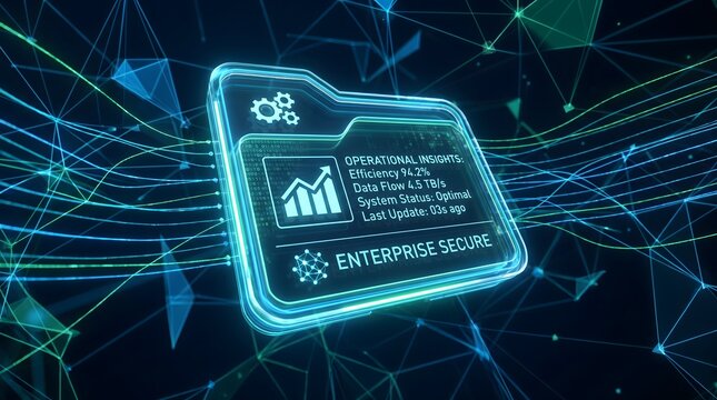 Enterprise secure data flow with operational insights and efficiency metrics on a futuristic digital interface with blue and green neon lines and geometric shapes