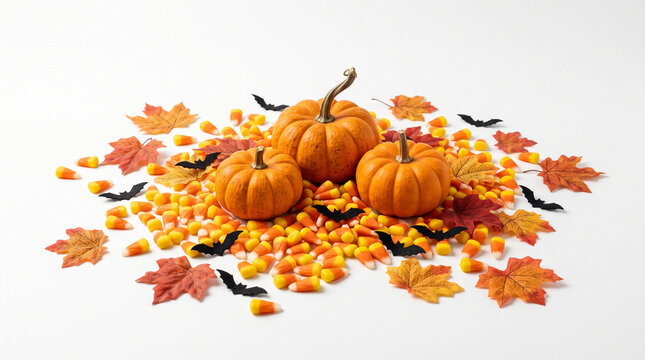 Festive Halloween tabletop mockup featuring three orange mini pumpkins nestled in a bed of traditional candy corn, scattered with artificial autumn maple leaves and tiny black paper bats on a clean wh