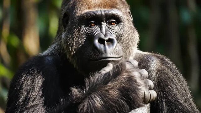 A detailed close-up of a silverback gorilla's face and upper body. The gorilla has intense, intelligent eyes and its hand is near its mouth. The background suggests a lush jungle environment.