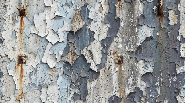 Close-up of a weathered metal surface with peeling paint and rust