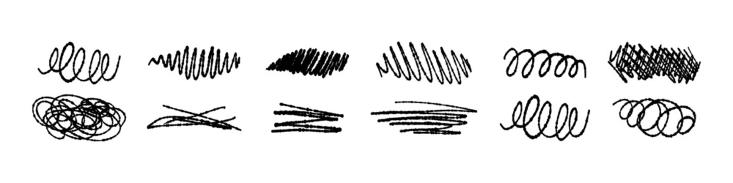 Vector set of hand drawn scribble textures and marker strokes in black. Doodle swirl, hatch, and underline elements for note, highlight, poster, and creative graphic design.