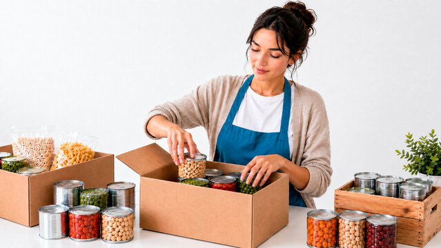 Young woman volunteer packing canned food into cardboard boxes. Female charity worker sorting donations for a food bank