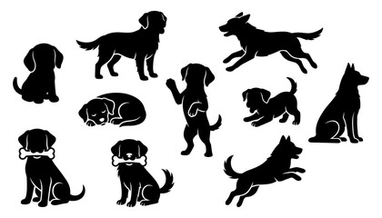 Fototapeta premium Dog Silhouettes Set with Various Breeds and Poses in Simple Black Vector Style for Icons and Decor Featuring Silhouette, Breed