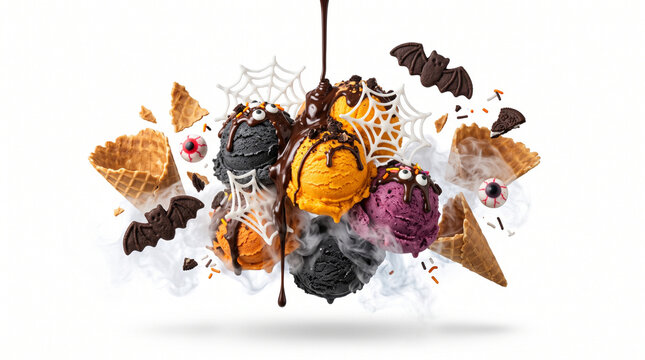 Dynamic floating explosion of spooky Halloween ice cream scoops featuring charcoal black, orange pumpkin, and purple berry flavors decorated with spiderwebs, chocolate bats, candy eyeballs, and broken